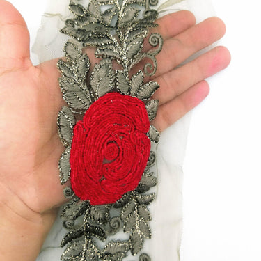 Grey Net Fabric Lace Trim with Floral Embroidery, Lace Trim, Sari Border